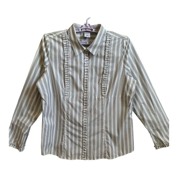 Old Navy Blouse XXL Blue Gray Striped Long Sleeve Ruffle Collared Stretch Shirt - Picture 1 of 12